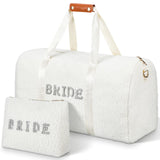 Cosblank 2 Pcs Bride Travel Bag Bridal Shower Gifts Wool Plush Bride Weekender Bag with Shoes Compartment Shoulder Pearl Rhinest