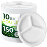 BIRCHIO 150-Piece 100% Compostable 10in Paper Plates, 3-Compartment Heavy Duty Disposable Eco-Friendly Biodegradable Sugarcane F