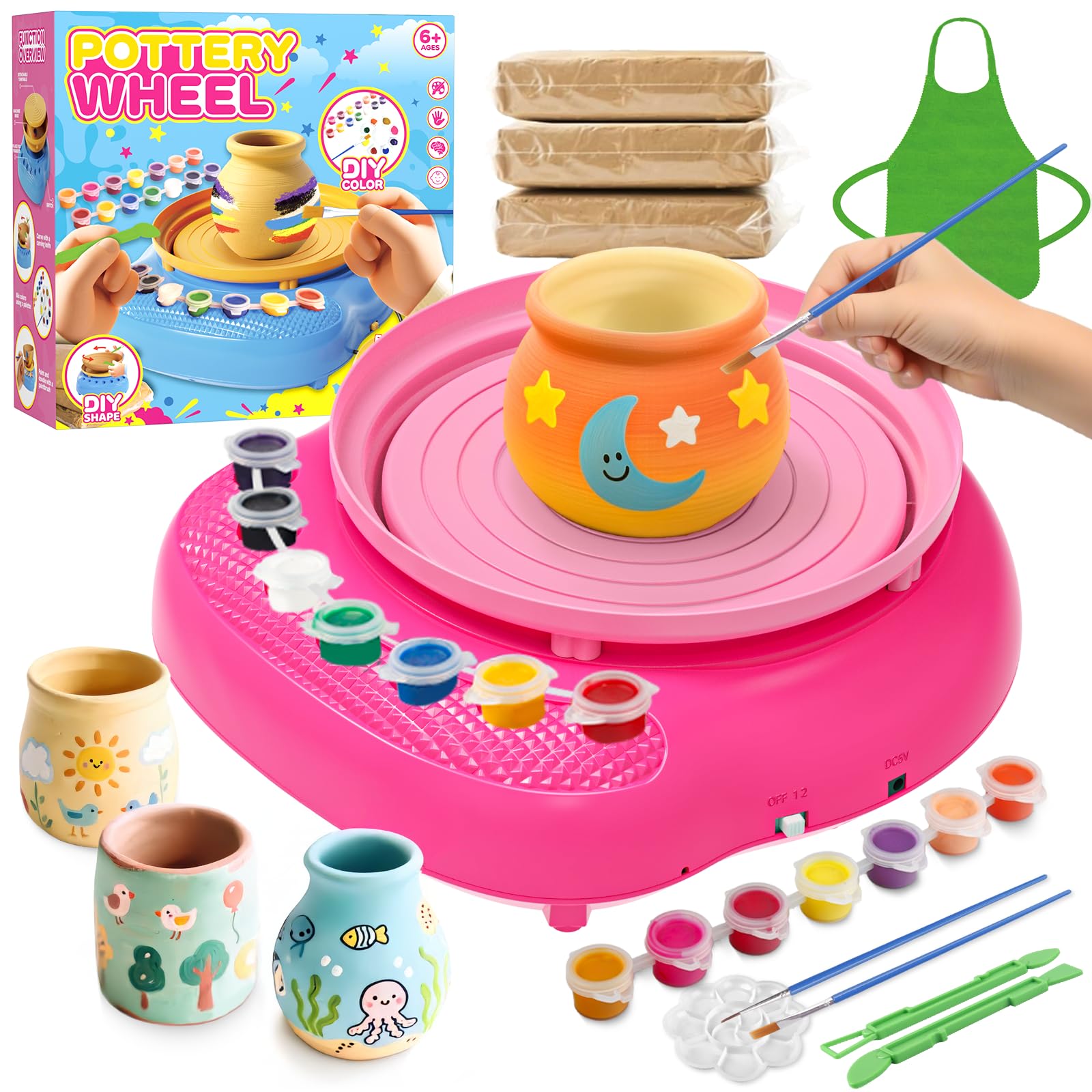 Weilim Pottery Wheel for Kids Complete DIY Pottery Painting Kit for Ages 8-12 Beginners with 4 Air-Dry Clay Packs and Tools, Art
