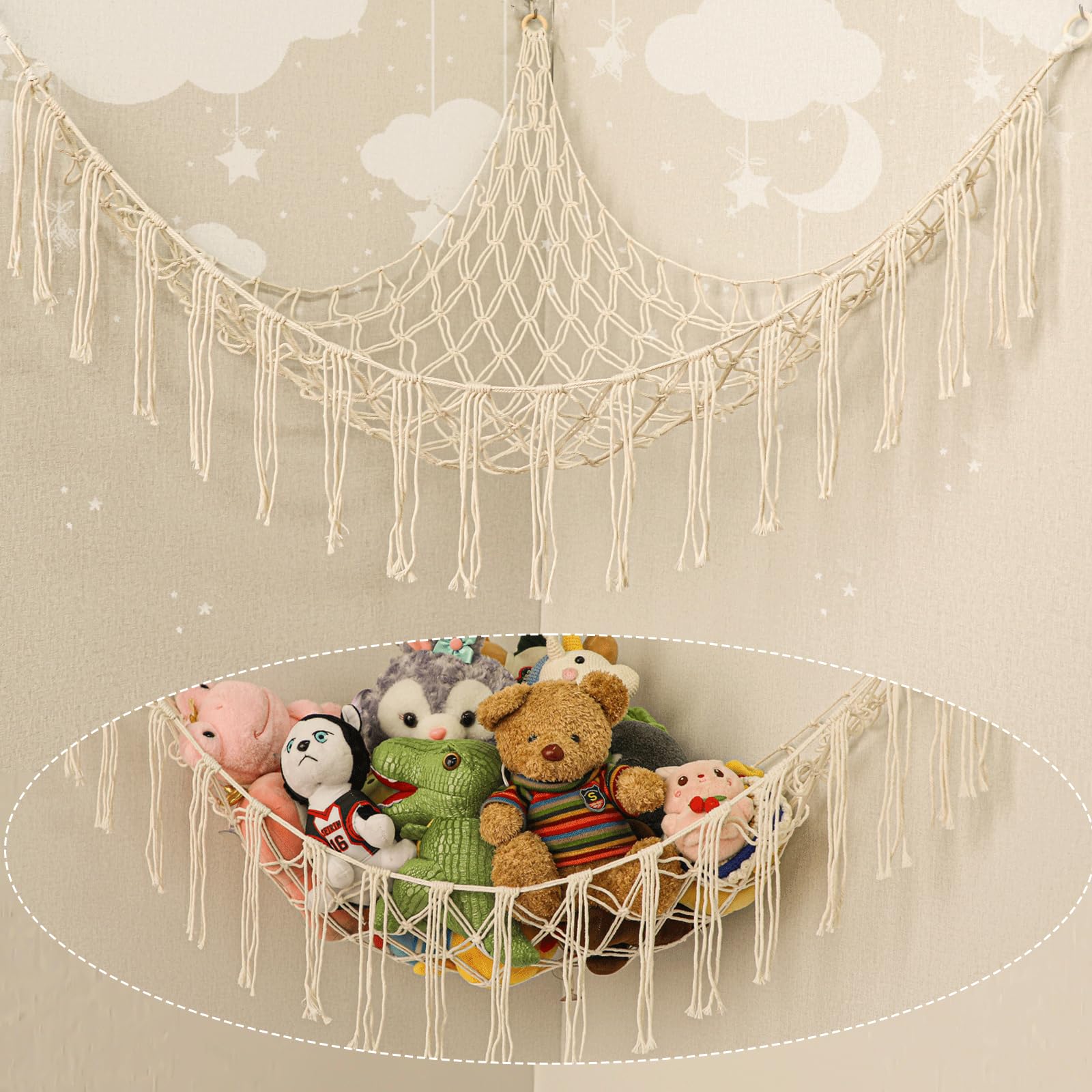 YELIENM Boho Stuffed Animals Net or Hammock Large,55 inch Toy Hammock Macrame Stuff Animal Storage Corner Hanging Net Holder,Mes