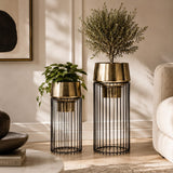 Indian Decormart Metal Wire Planter Set Of 2, Black And Gold, Cylindrical, Indoor Outdoor Decorative Pots, Large 77X31X31 Cm And