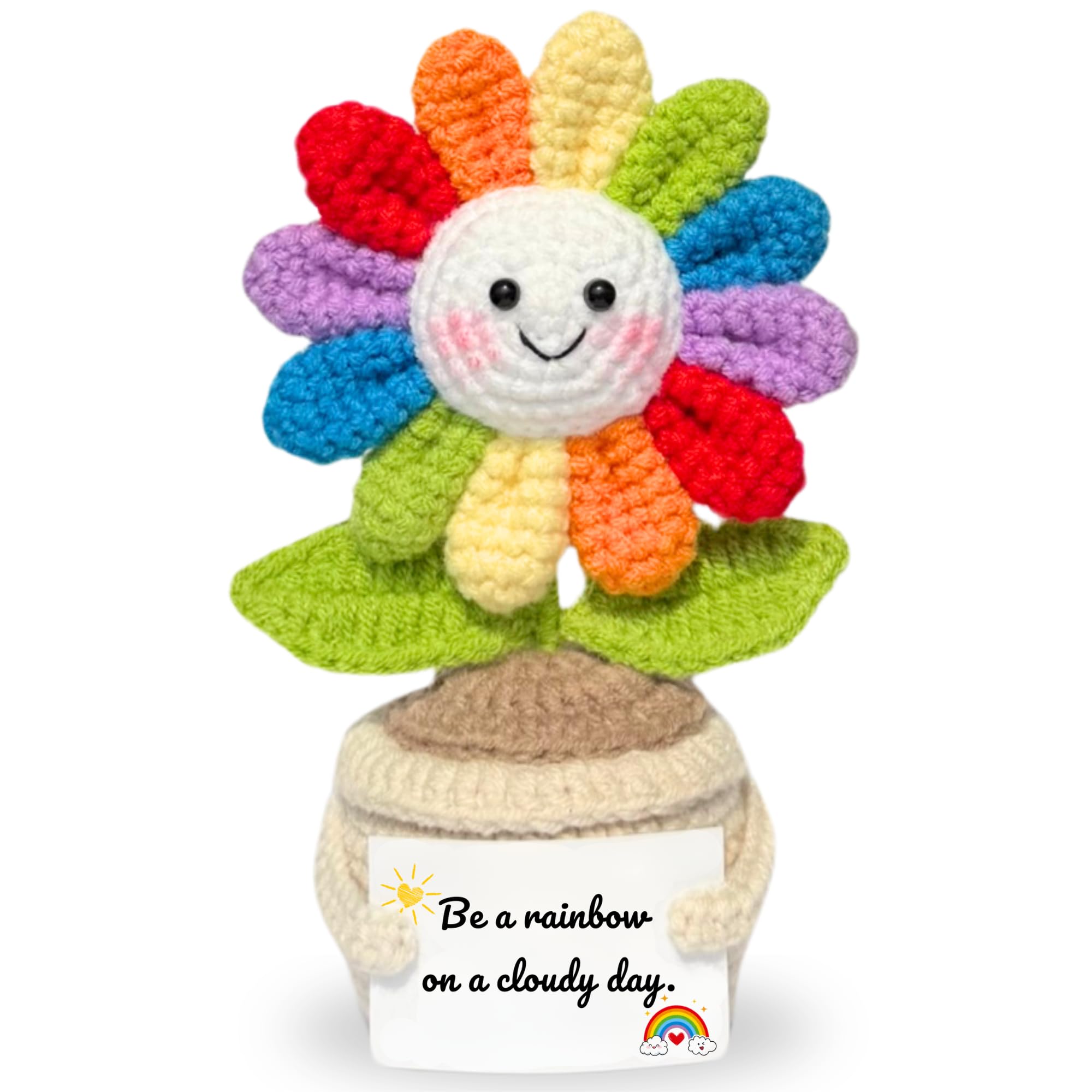 BRIFUFOUS Emotional Support Crochet Flower in Rainbow Colors with Encouragement Card - Handmade Plush Decoration Gift for Desk, 