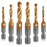 Junreox 6 Pack Combination Drill and Tap Set, Professional HSS Titanium Thread Tap Drill Bit Set in SAE 6-32nc 8-32nc 10-32nc 10