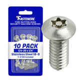 Fastenere 1/420 x 1/4 Button Head Torx Security Machine Screw Bolt Screws Stainless Steel Tamper Resistant, Qty 10 Thread Size