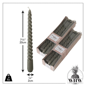 12 Piece Pale Dark Grey Twist Taper Candles, 2 Boxed Sets of 6, 4 Hours Burn Time, Paraffin Wax, 7.75 Inches