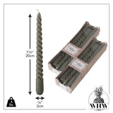 12 Piece Pale Dark Grey Twist Taper Candles, 2 Boxed Sets of 6, 4 Hours Burn Time, Paraffin Wax, 7.75 Inches