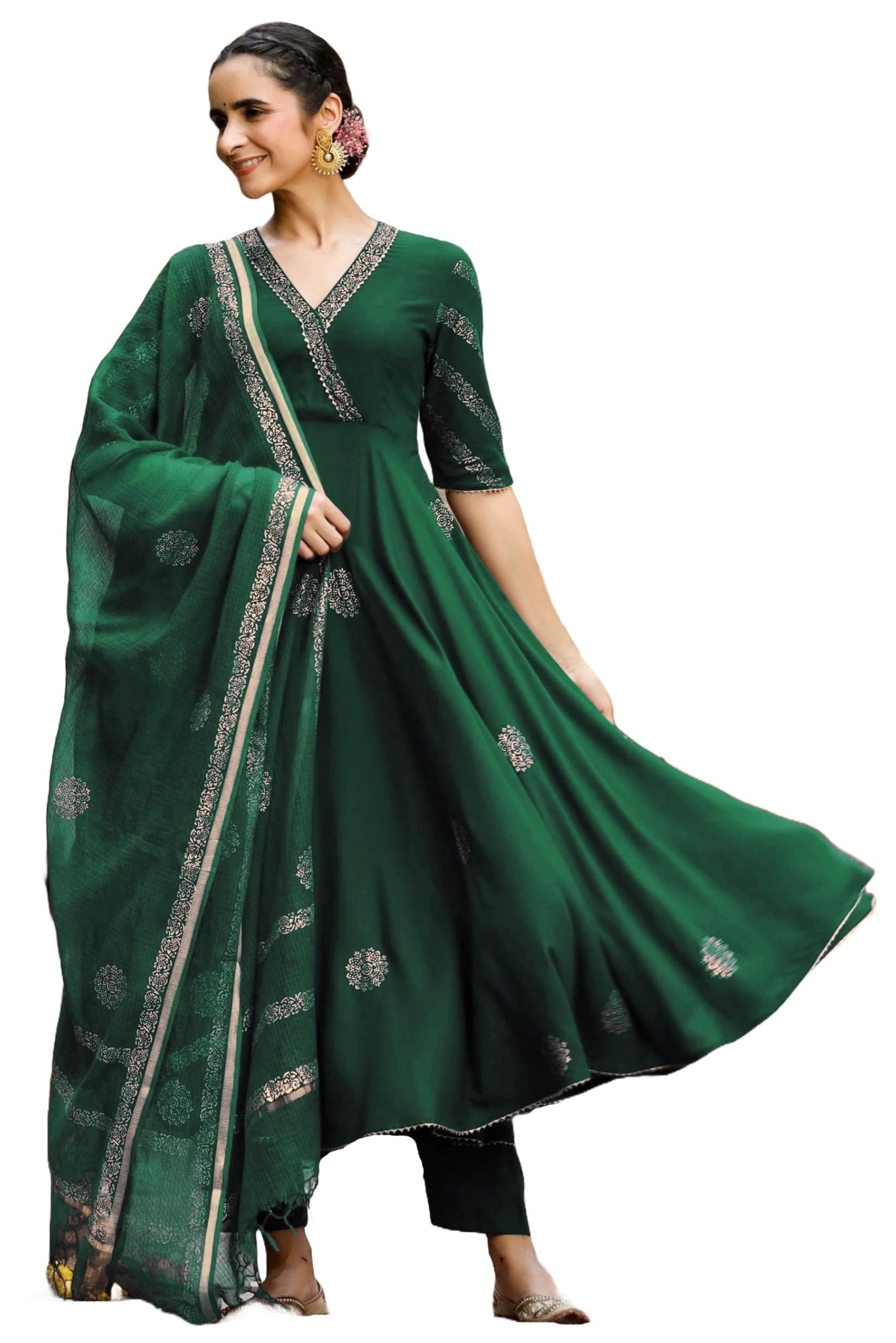 Gosriki Women'S Rayon Blend Anarkali Printed Kurta With Pant & Dupatta (Berlin Green-Vks01-Gs_L_Green_Large),Green,,B0DFCGPL4L