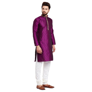 Sojanya (Since 1958 Men'S Jacquard Silk Kurta & Churidaar Pyjama Purple L