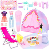 34 PCS Girl Doll Travel Camping Tent Set Includes Clothes, Food, Telescope, Tent, Sleeping Bag, Backpack, Chair, Shoes and Other