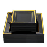 Liacere 100PCS Black and Gold Square Plastic Plates-50PCS Black Dinner Plates and 50PCS Black Dessert Plates-Durable Fancy Black