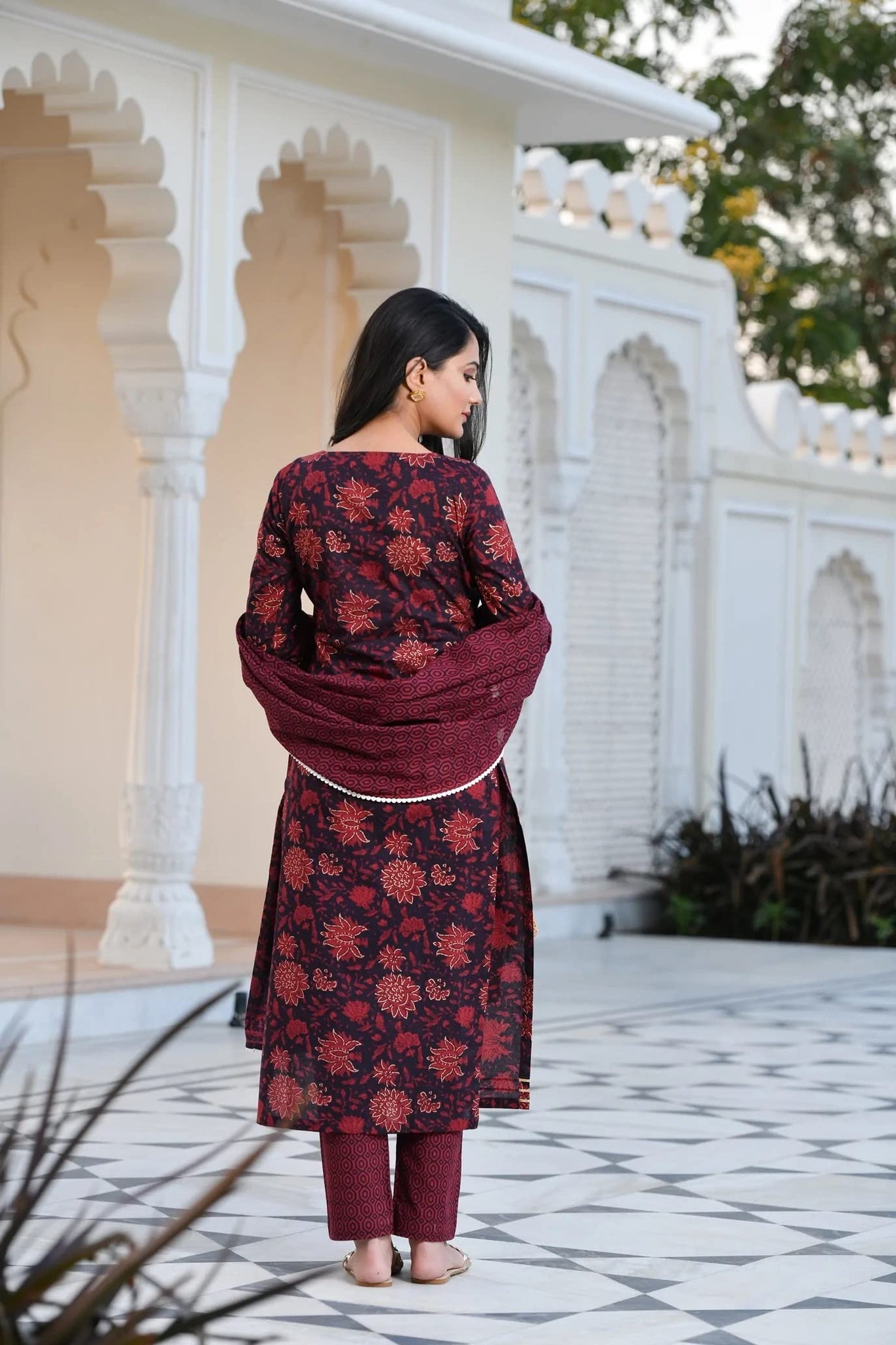 Anni Designer Women'S Cotton Blend Printed Straight Kurta With Pant & Dupatta (Rapat Wine_S-Nw_Wine_Small),Wine,S,Cotton Blend,Regular,Dupatta