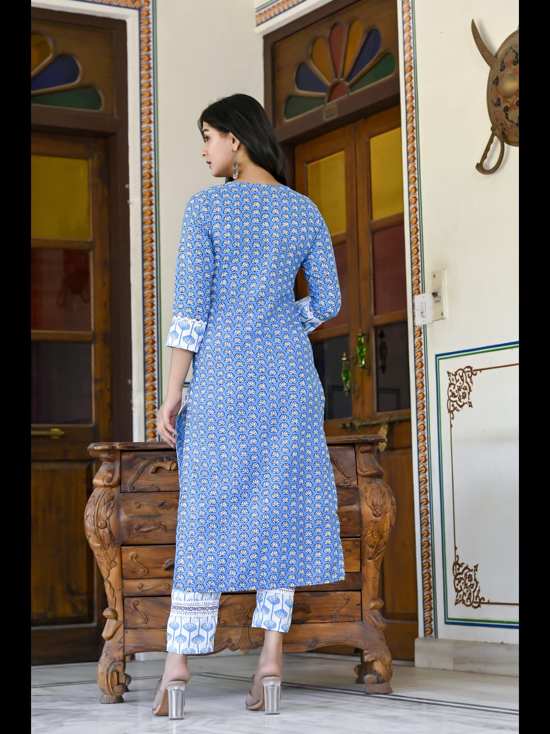 Anni Designer Women'S Cotton Blend Printed Straight Kurta With Pant & Dupatta (Sky Bird-Blue-Cm_M_Blue_Medium),Blue,M,Cotton Blend,Regular,Kurta, Scarf