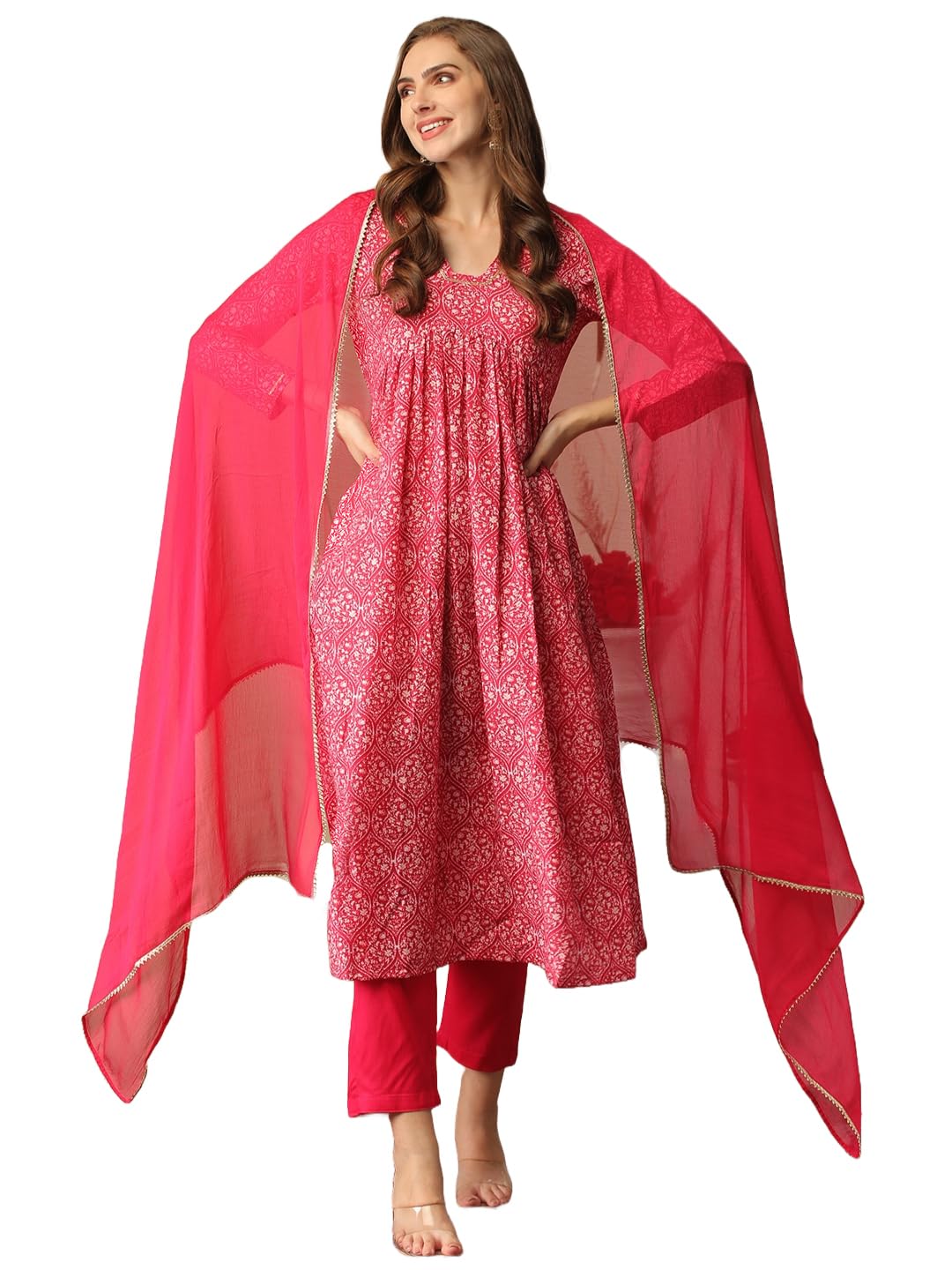 Anni Designer Women'S Cotton Blend Printed Straight Kurta With Pant & Dupatta (Manchali-Rani-Nw_Xxl_Pink_Xx-Large),Pink,2XL
