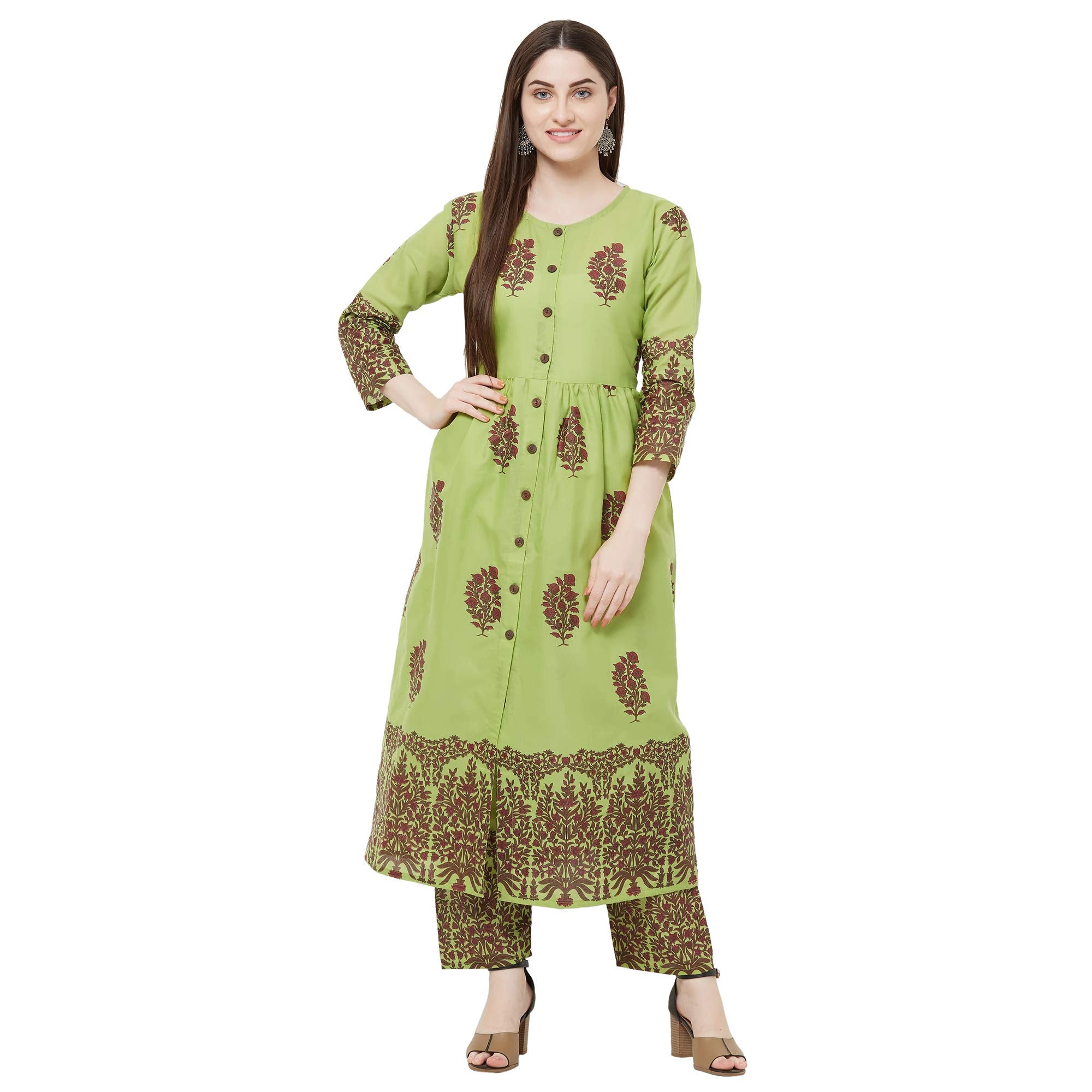 Gosriki Women'S Green Color Cotton Block Printed Kurta With Palazzo Pant Set(Lagan-Green-Xxl),Green,2,B0837WZ1LZ