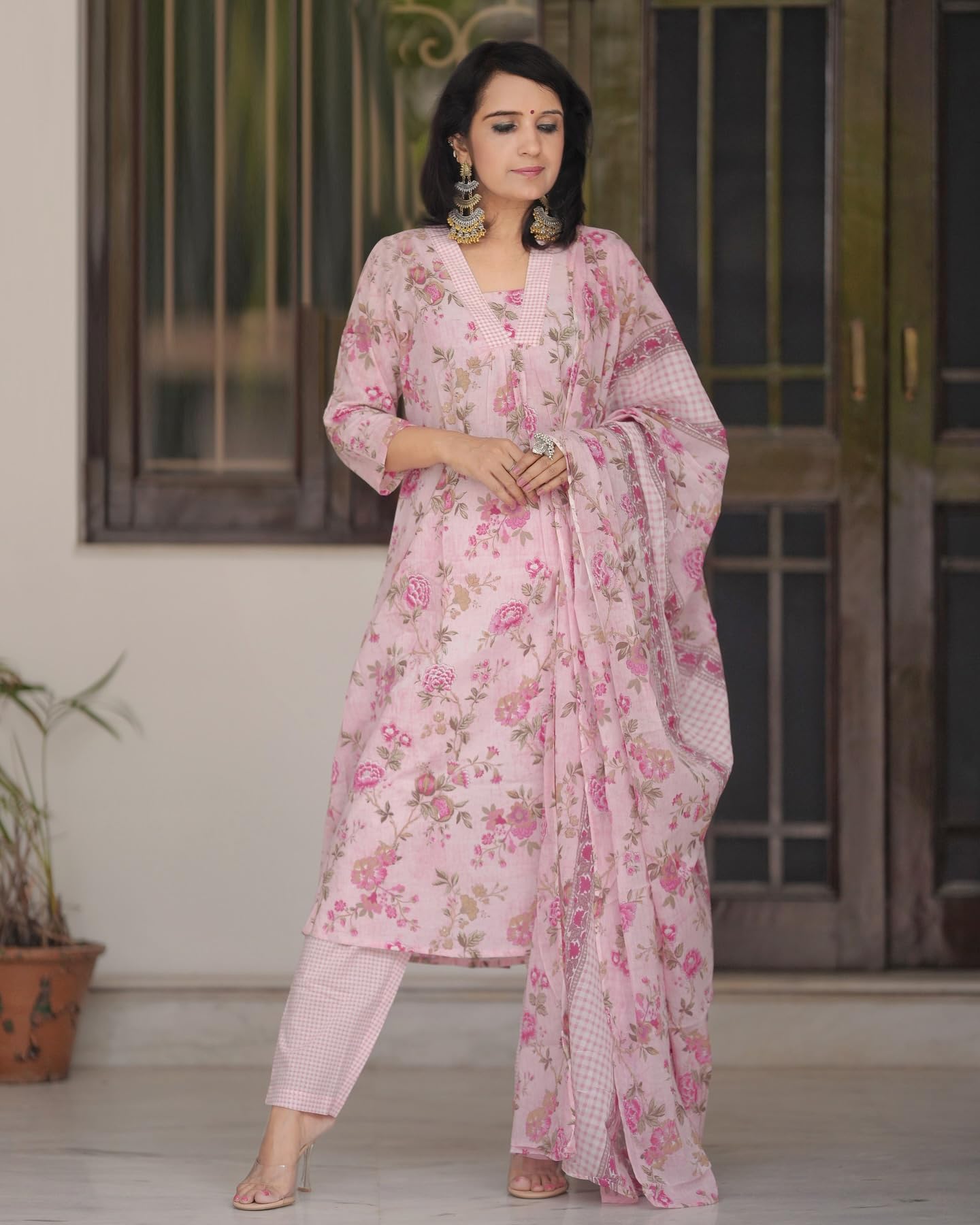 Gosriki Women'S Rayon Blend Straight Printed Kurta With Pant & Dupatta (Midon Pink-Gs_S_Pink_Small),Pink,,B0DFCGQQM7