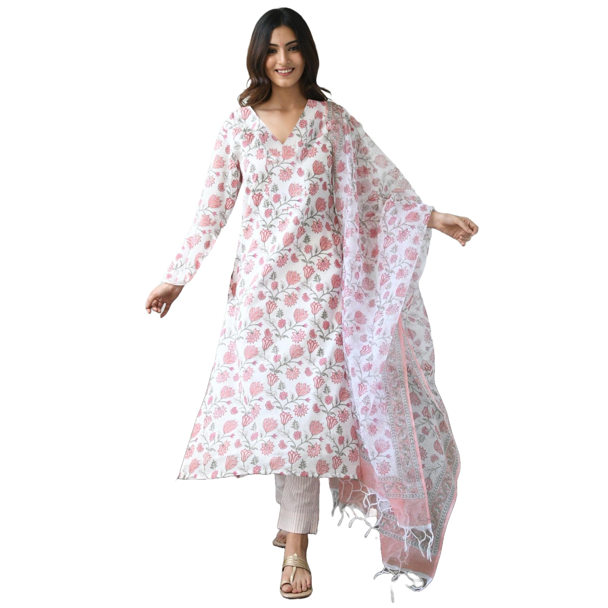 Anni Designer Women'S Cotton Blend Straight Fit Printed Kurta With Pant & Dupatta (Mogri White_M_White_Medium),White,M