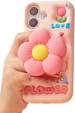 TUFTA Cute 3D Flower Phone Case for iPhone 16 - Retractable Stand & Grip with Floral Design - Girly Aesthetic Kawaii Soft Silico