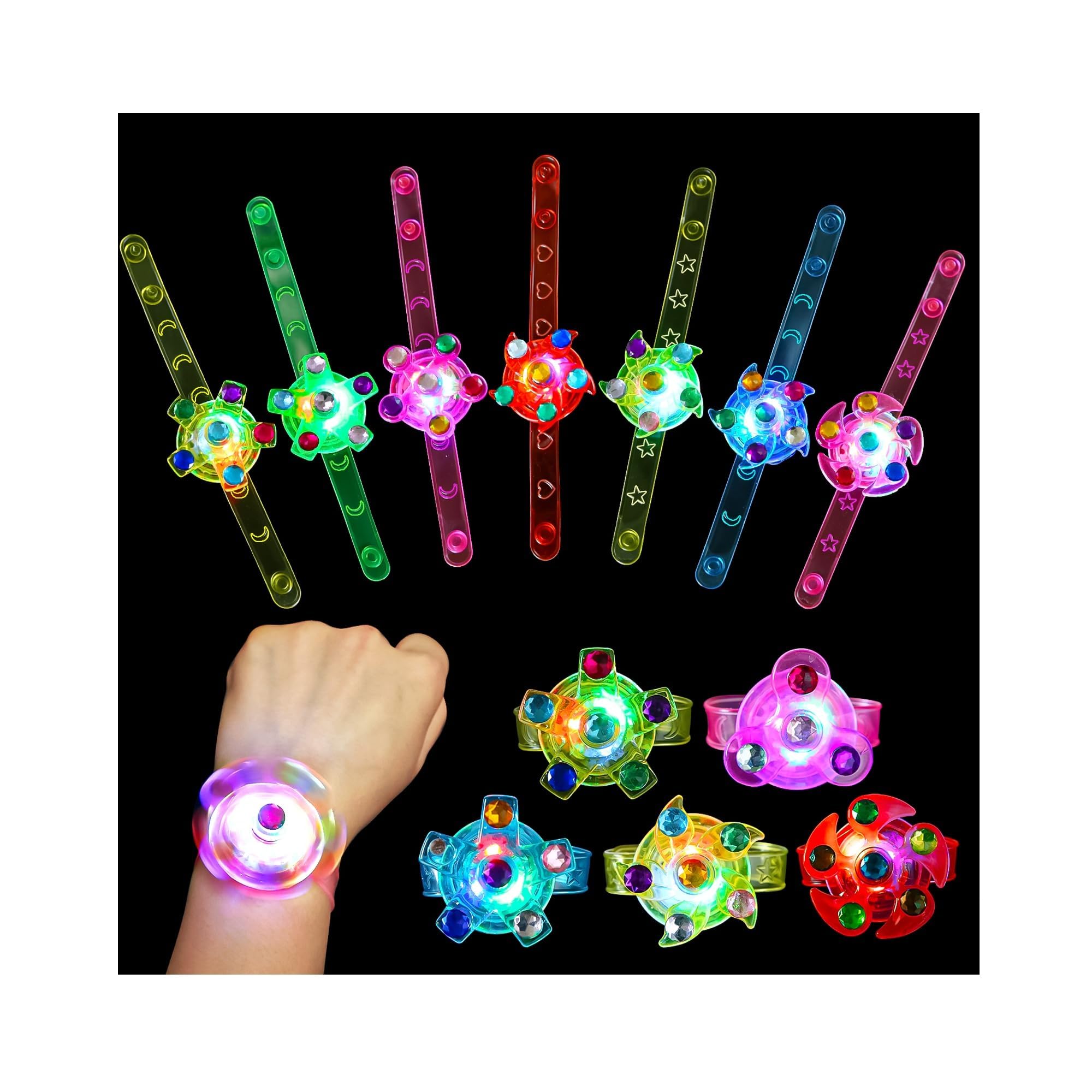WELLVO 14 Pack LED Light Up Fidget Spinner Bracelets Party Favors for Kids 4-8 8-12, Glow in The Dark Party Supplies, Birthday G