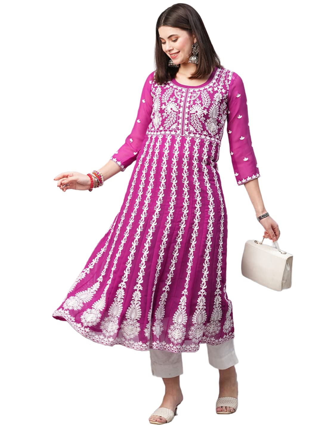 Anni Designer Women'S Georgette Chikankari Embroidered Anarkali Kurti (Naav Pink-Nw2_L_Dark Pink_Large),Pink,L