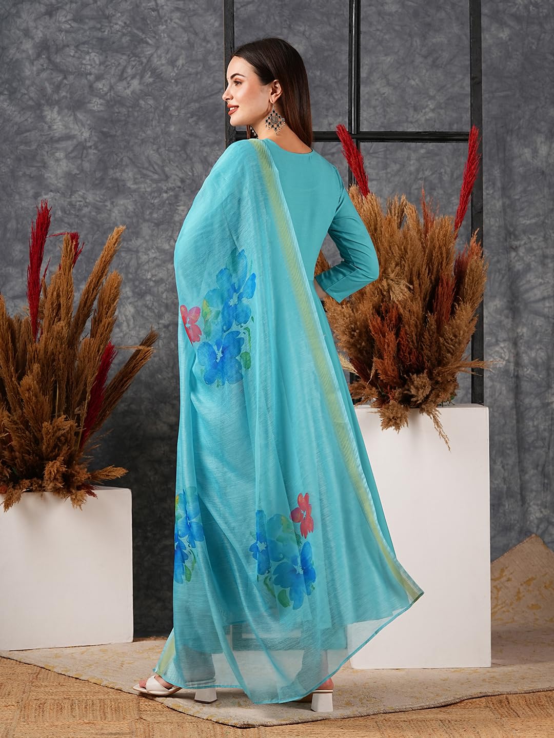 Gosriki Women'S Cotton Blend Anarkali Solid Kurta With Pant & Dupatta (Saniba Sky Blue-Nw-Gs_Xxl_Sky Blue_Xx-Large),Sky Blue,2,B0D57C7YQV