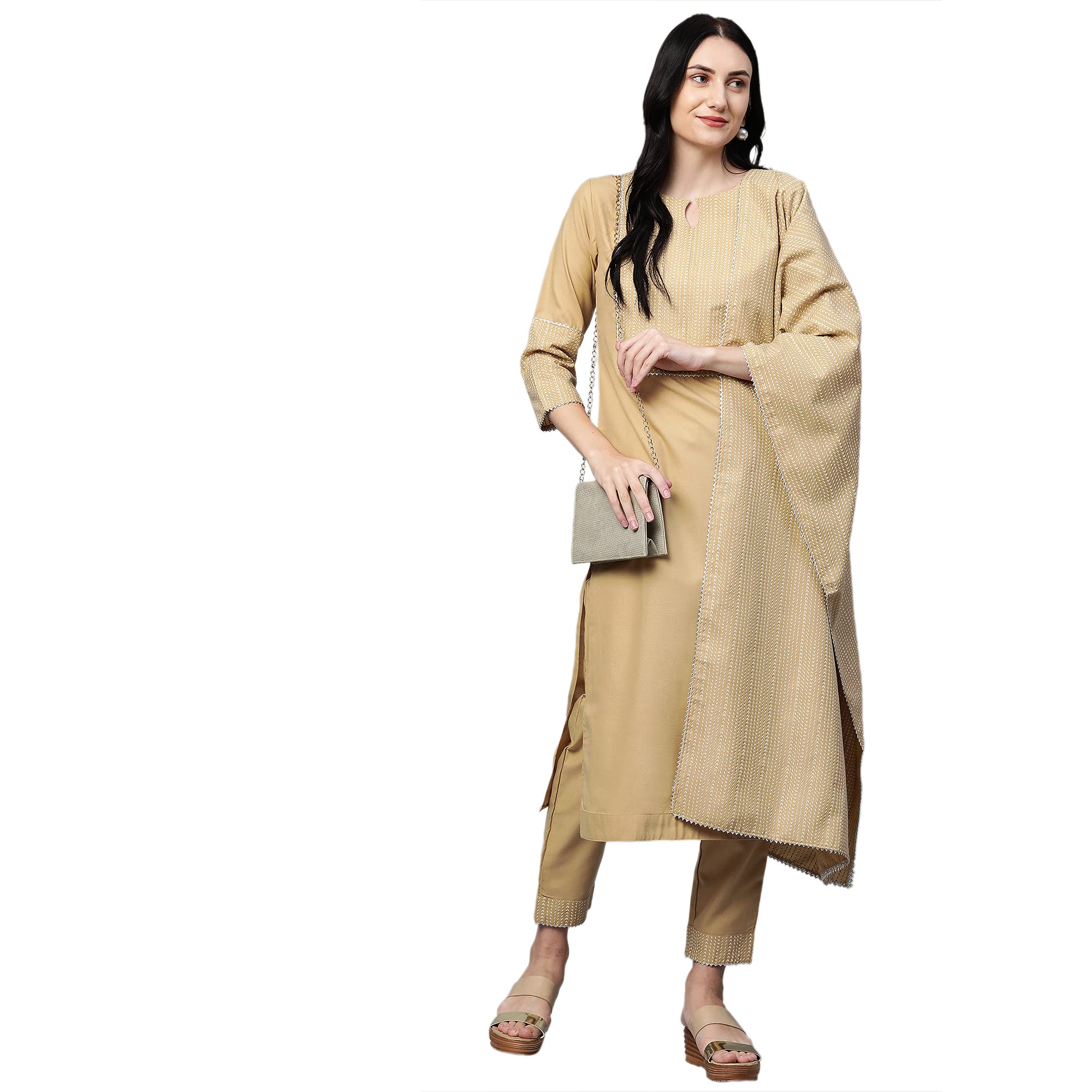 Anni Designer Women'S Cotton Kurta With Palazzo & Dupatta (Battery Beige X-Large),Beige,XL