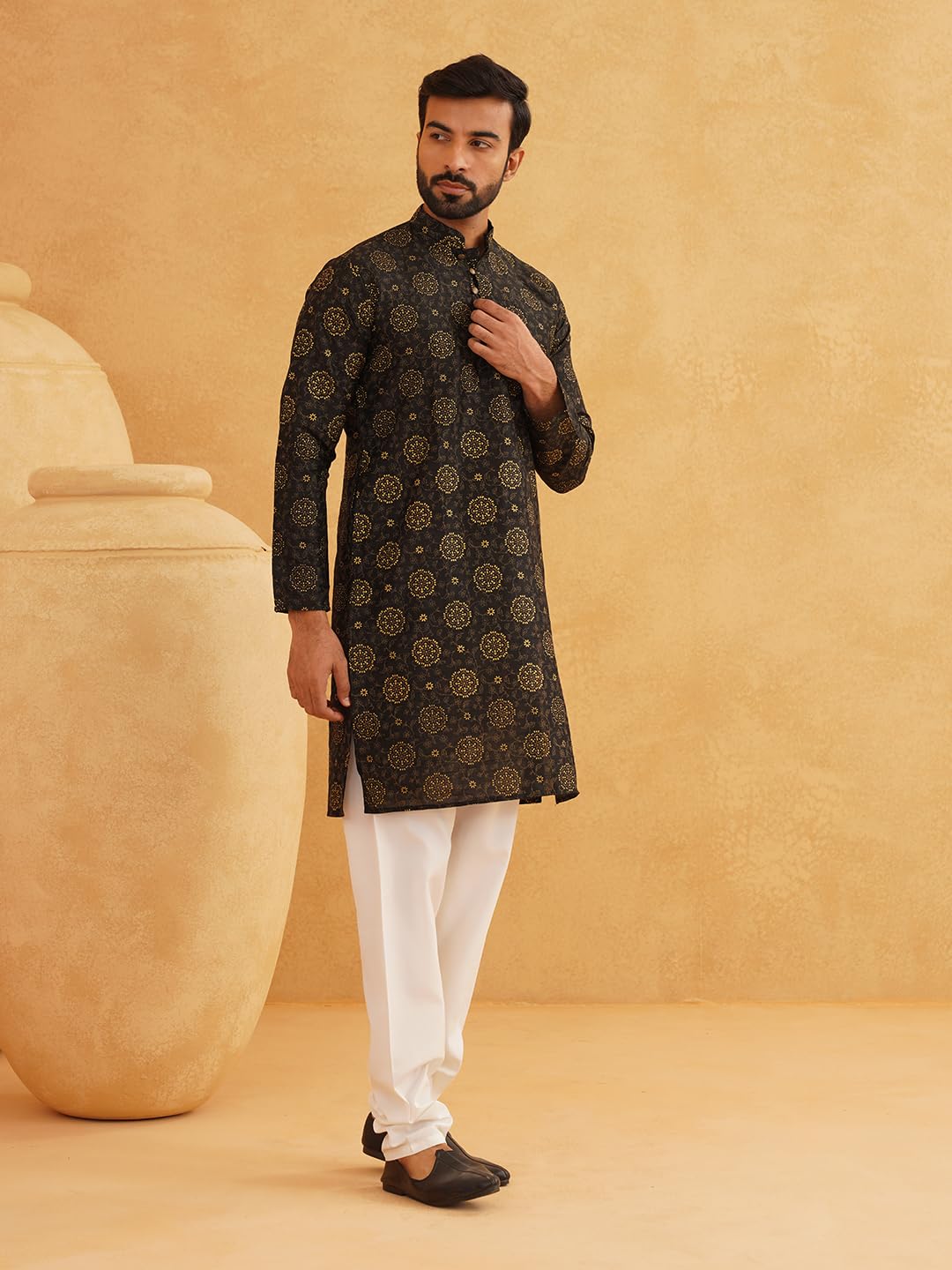 Sojanya (Since 1958 Men'S Silk Blend Black Printed Only Kurta Size: 38