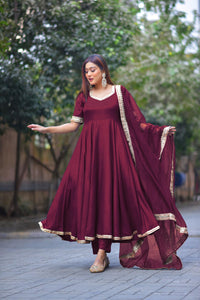 Gosriki Women'S Rayon Blend Anarkali Solid Kurta With Pant & Dupatta & Dupatta (Shyam Wine-Gs_S_Wine_Small),Wine,,B0DD77VDVL