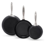 GreenPan Black 3 Piece Frying Pan Skillet Set, 8  , 10  , and 12  , Healthy Ceramic Nonstick PFOA and PFAS-Free, Hard Anodize