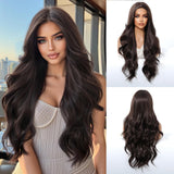 Looxey Long Wavy Wig for Women 28 Inch Curly Hair Wig Dark Brown Heat Resistant Soft Synthetic Wigs for Women Daily Use Party Co