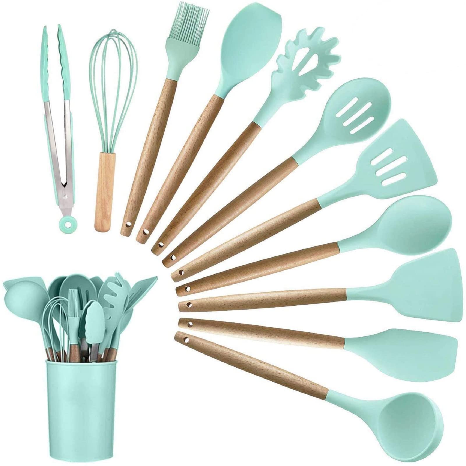 Alitade 12PCS Kitchen Utensil Set Silicone Cooking Utensils Kit Spatula Heat Resistant Wooden Spoons Gadgets Tool for Non-Stick 