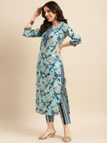 Anni Designer Women'S Cotton Blend Straight Printed Kurta With Pant (Saanvi Navy Blue_Xl_Navy Blue_X-Large),Navy Blue,XL,Cotton Blend,Regular,