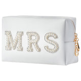 Bride Makeup Bag, Bride Patch MRS Cosmetic Bag, Pearl Rhinestone Letter Toiletry Bag, Wedding Bag, Portable PU Leather Waterproo