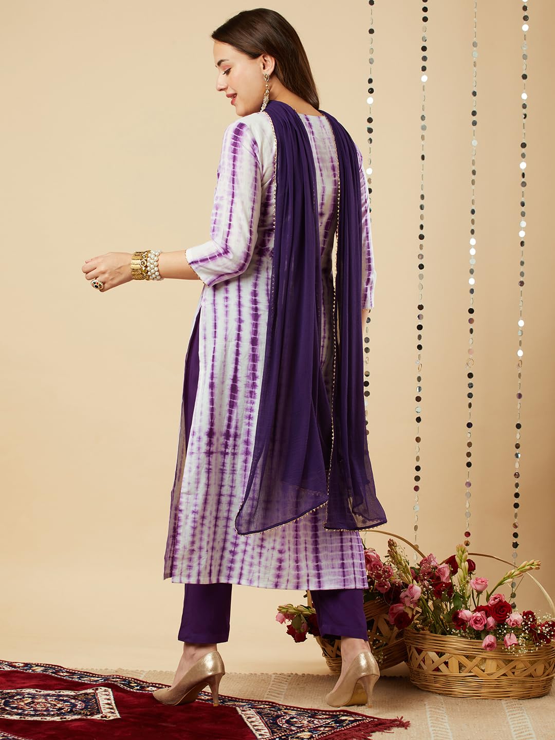 Anni Designer Women'S Rayon Viscose Printed Straight Kurta With Pant & Dupatta (Tiedye Begani-Vks01_4Xl_Violet_Xxxx-Large),Violet,4XL,Rayon,Regular,