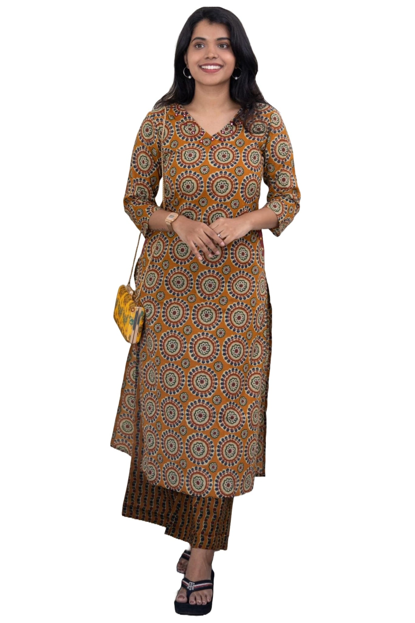 Anni Designer Women'S Rayon Blend Straight Printed Kurta With Palazzo (Jones Mustard_S_Mustard_Small),Mustard,S