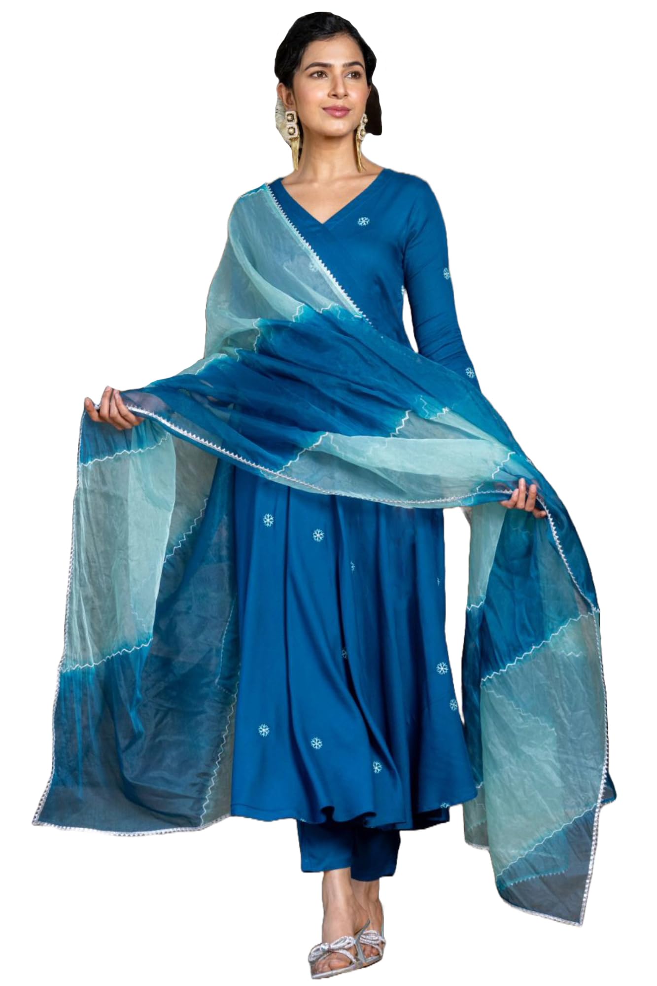 Anni Designer Women'S Cotton Blend Anarkali Embroidered Kurta With Pant & Dupatta (Gsk-Cerosin_Xxl_Blue_Xx-Large),Blue,2XL