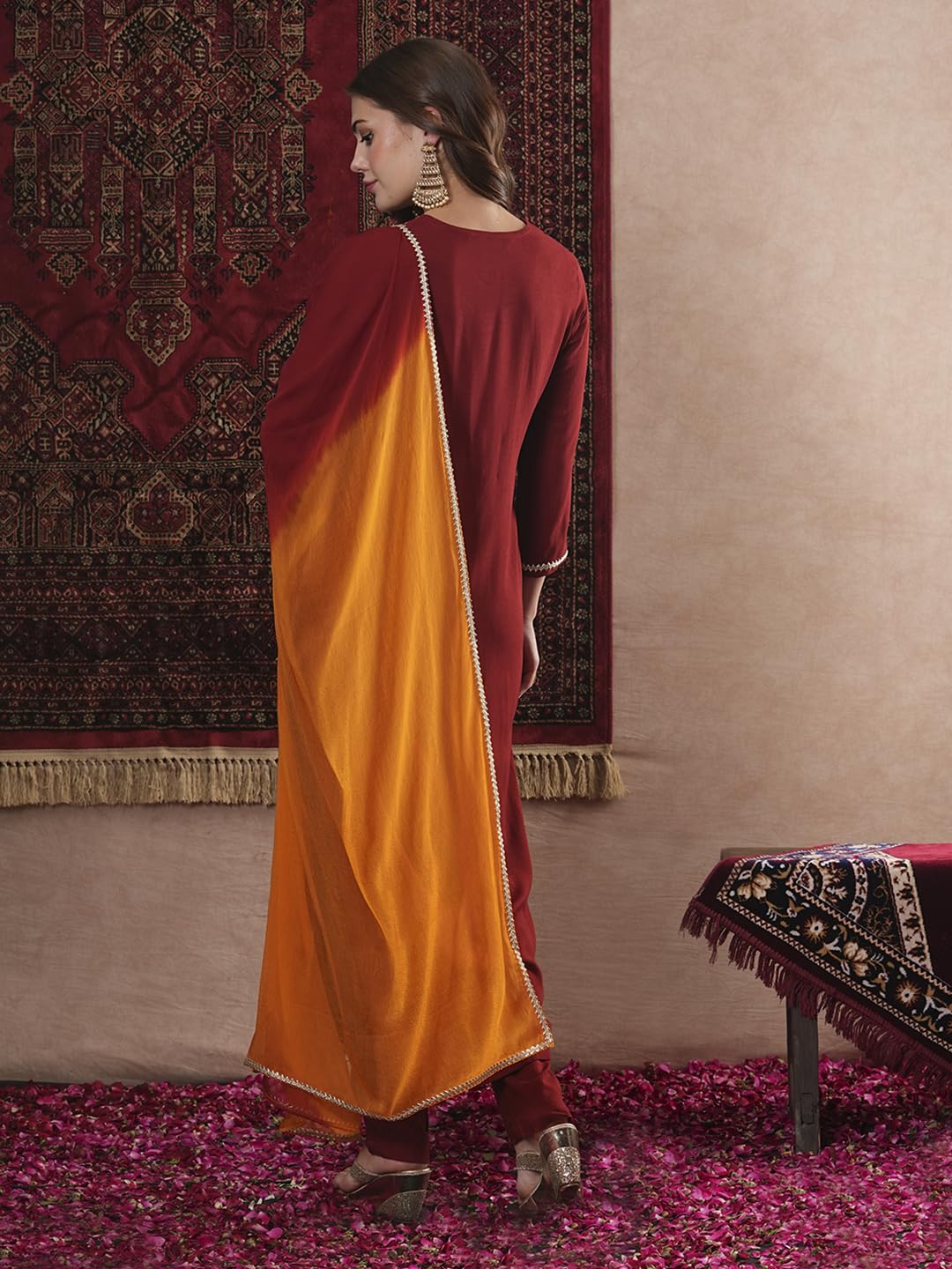 Anni Designer Women'S Cotton Blend Straight Embroidered Kurta With Pant & Dupatta (Chatterjee Maroon_L_Maroon_Large),Maroon,L,Rayon Blend,Classic,