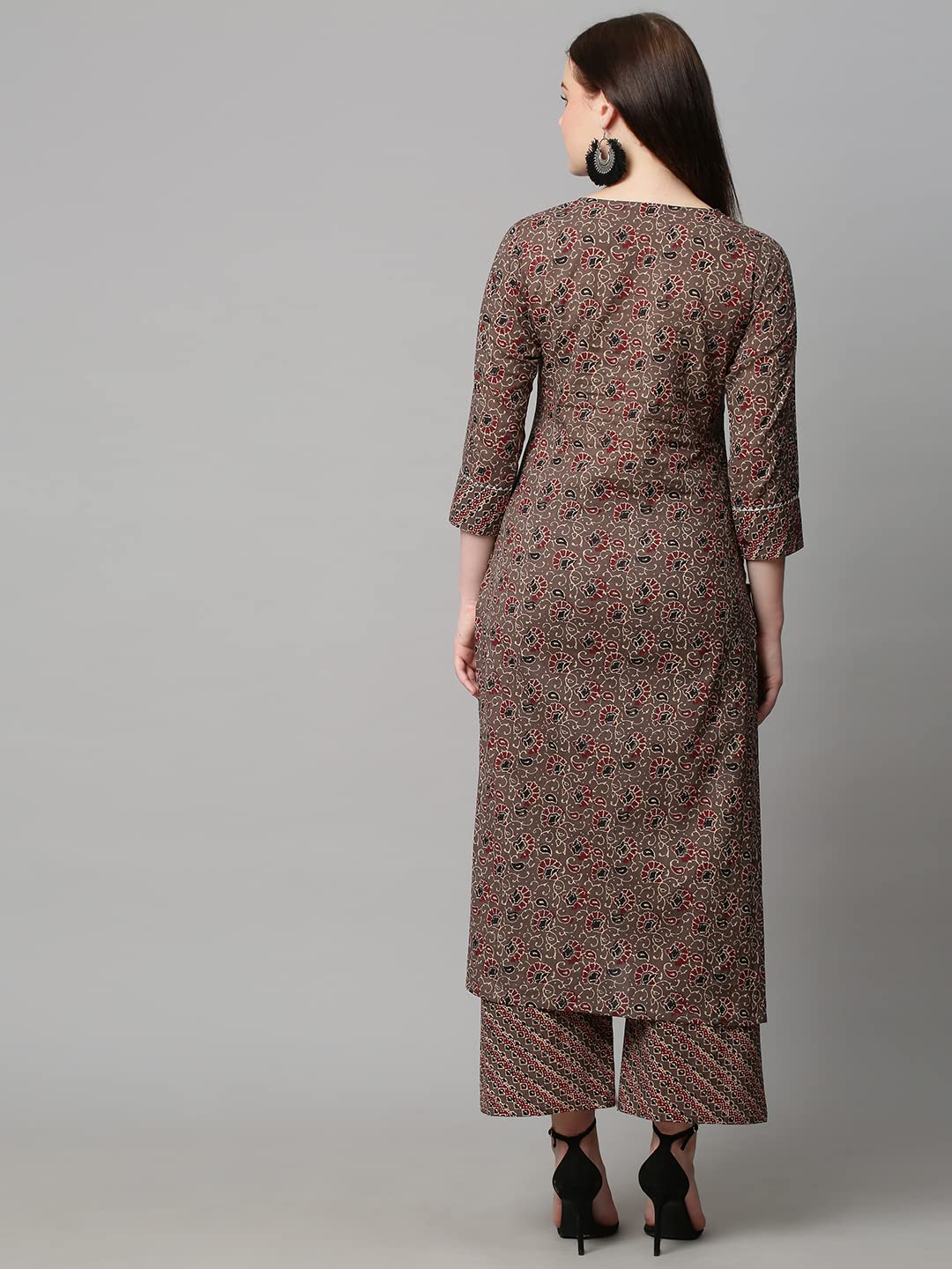 Gosriki Women'S Cotton Blend Traditional Straight Printed Kurta And Palazzo Set (Janar Dark Brown_L-Gs_Dark Brown_Large),Dark Brown,,B0BJ31HVBV