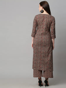 Gosriki Women'S Cotton Blend Traditional Straight Printed Kurta And Palazzo Set (Janar Dark Brown_L-Gs_Dark Brown_Large),Dark Brown,,B0BJ31HVBV