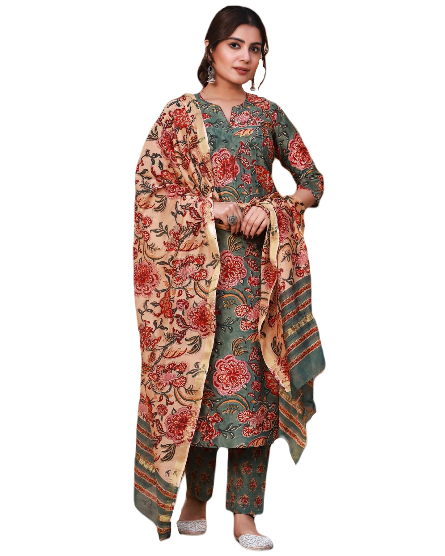 Gosriki Women'S Rayon Blend Printed Straight Kurta With Pant & Dupatta (Fta Green-Nrt-Gs_3Xl_Green_Xxx-Large),Green,3,B0CYQC4VQY