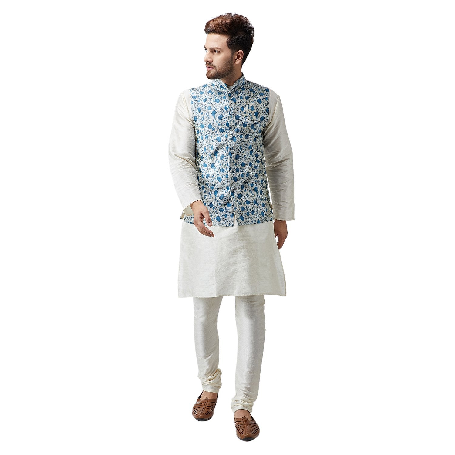 Sojanya (Since 1958, Men'S Silk Blend Blue Printed Only Nehru Jacket, Size: M(Sjr-Nehrujacket-Print-502-38)