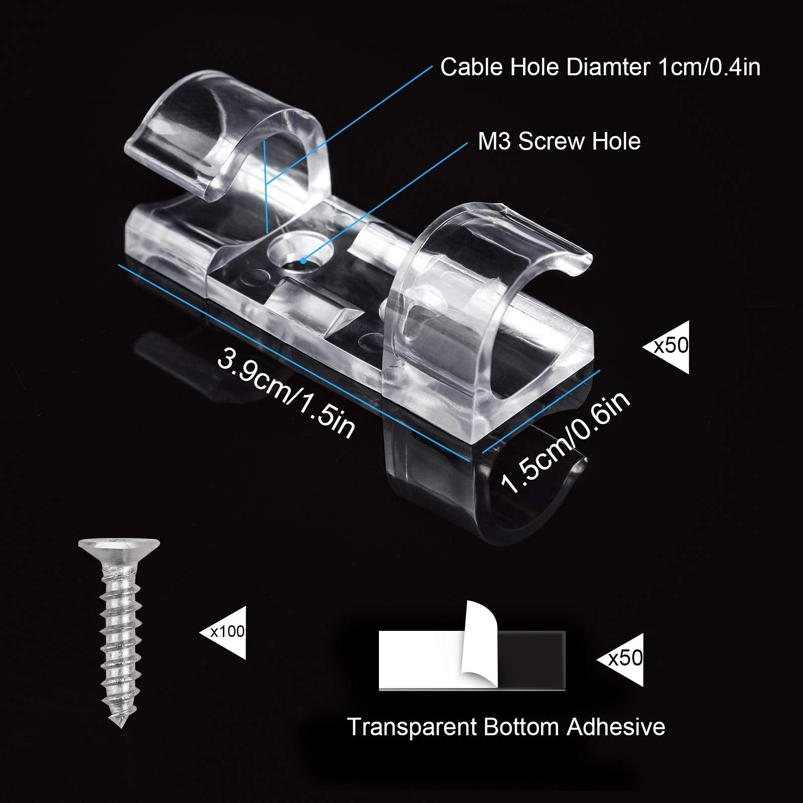 50 Pcs Heavy Duty Cable Clips Transparent with 100 Screws, Attom Tech Clear Self-Adhesive Cable Organizer Cord Management System