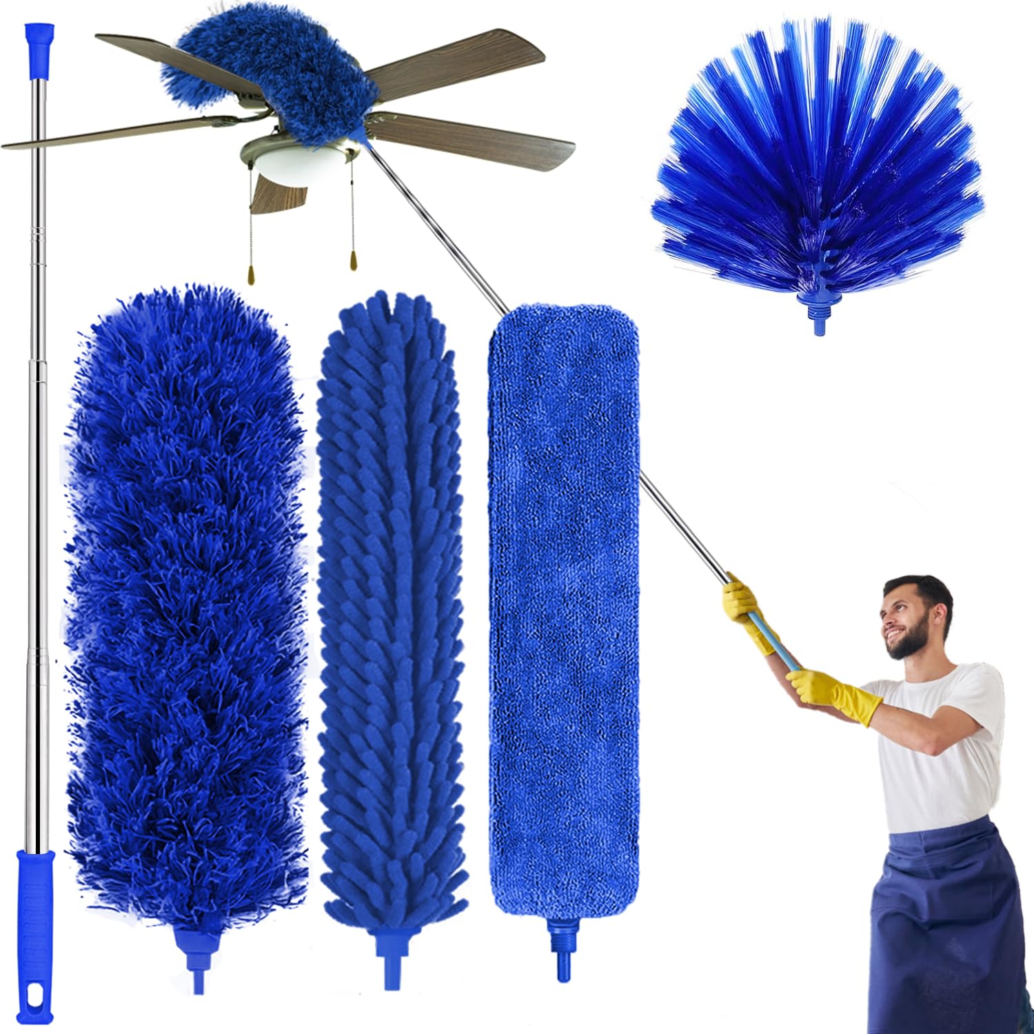 Microfiber Feather Duster, 6PCS Washable Bendable Dusters with 100 Telescopic Pole, Cobweb Cleaner for Ceiling Fans, Lights, B