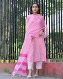 Anni Designer Women'S Cotton Blend Floral Printed Straight Kurta With Pants & With Dupatta (Bagru-Pink_Xl_Pink_X-Large),Pink,XL,Cotton Blend,Regular,Dupatta