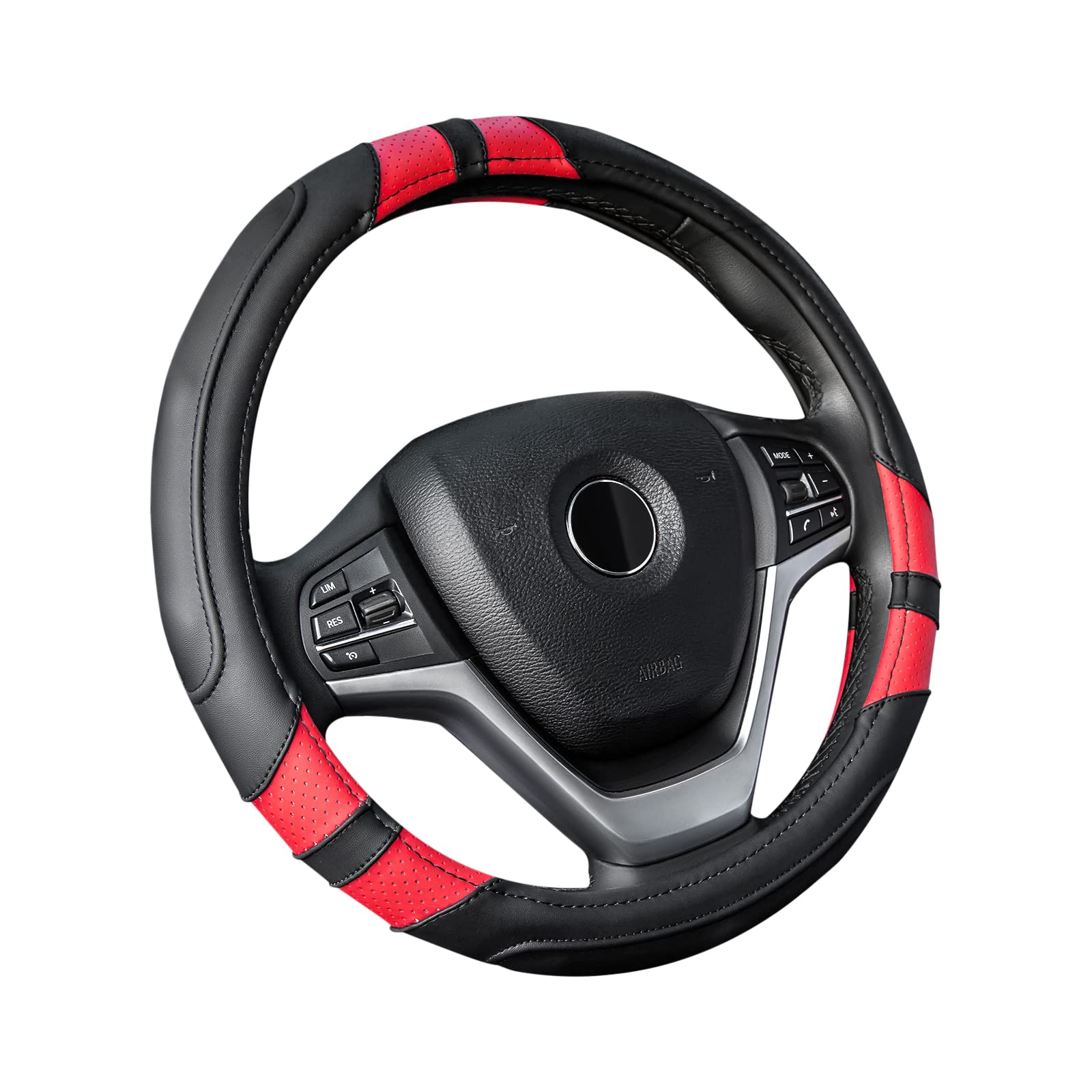 Achiou Black And Red Car Steering Wheel Cover Universal 15 Inch With Grip Contours, Leather Auto For Men And Women Non-Slip Brea