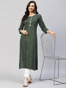 Gosriki Women'S Rayon Bandhni Printed Straight Kurta (Dmd Bandhi Green_L-Go_Green_Large),Green,,B0B9Y495TX