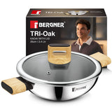 BERGNER TriOak Triply Stainless Steel Kadai with Glass Lid 26cm (2.85L), Wooden Handle, Flared Rim, Even Heat Distribution, Con