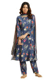 W For Woman Blue Digital Floral Printed Kurta Dupatta Bottomwear Set