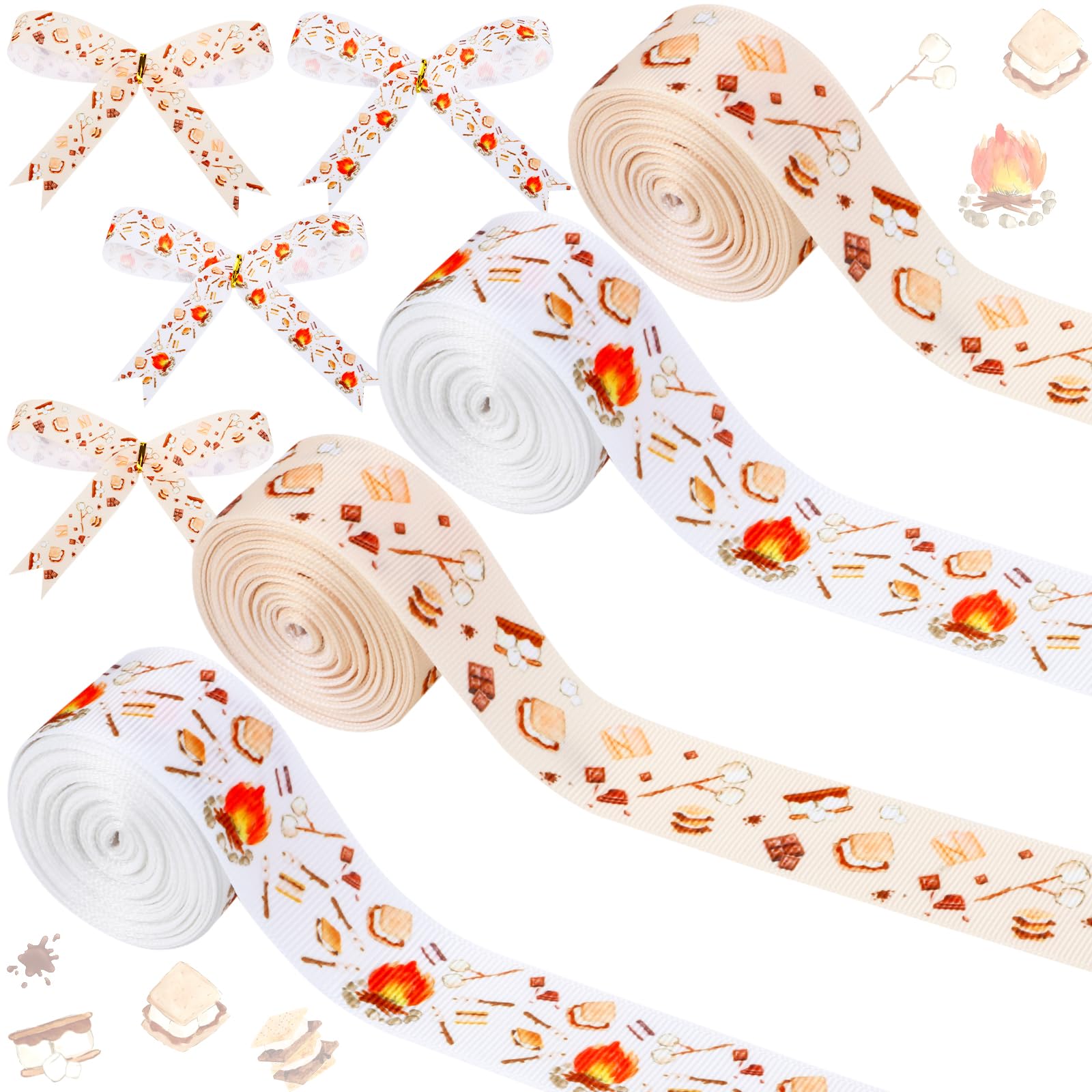 Cheerupp 4 Rolls SMore Theme Ribbons, 20 Yards Craft Ribbons for Wreath Hair Bow Wrapping Gifts Packing, Bonfire Camping Grosgr