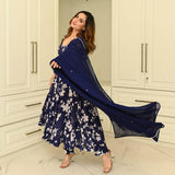 Anni Designer Women'S Rayon Blend Printed Anarkali Kurta With Pant & Dupatta (Kanodiya Blue_S_Blue_Small),Blue,S,Rayon Blend,Anarkali,