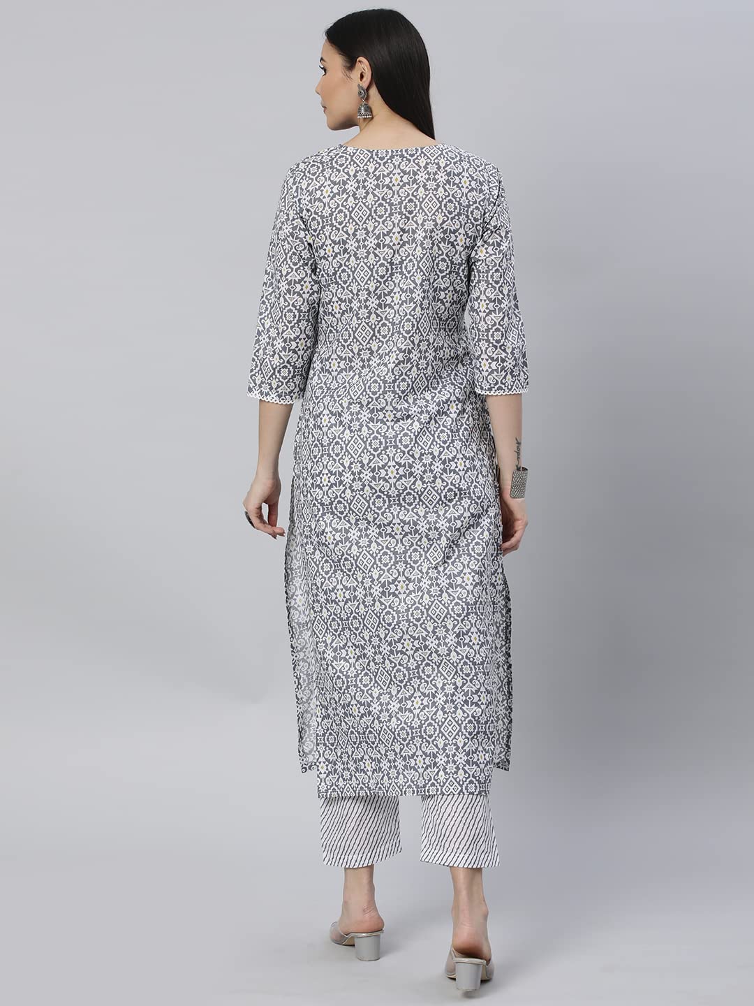 Anni Designer Women'S Cotton Blend Printed Straight Kurta With Pant (Kavi-Grey-Nw_M_Grey_Medium),Grey,M,Cotton Blend,Regular,Pants